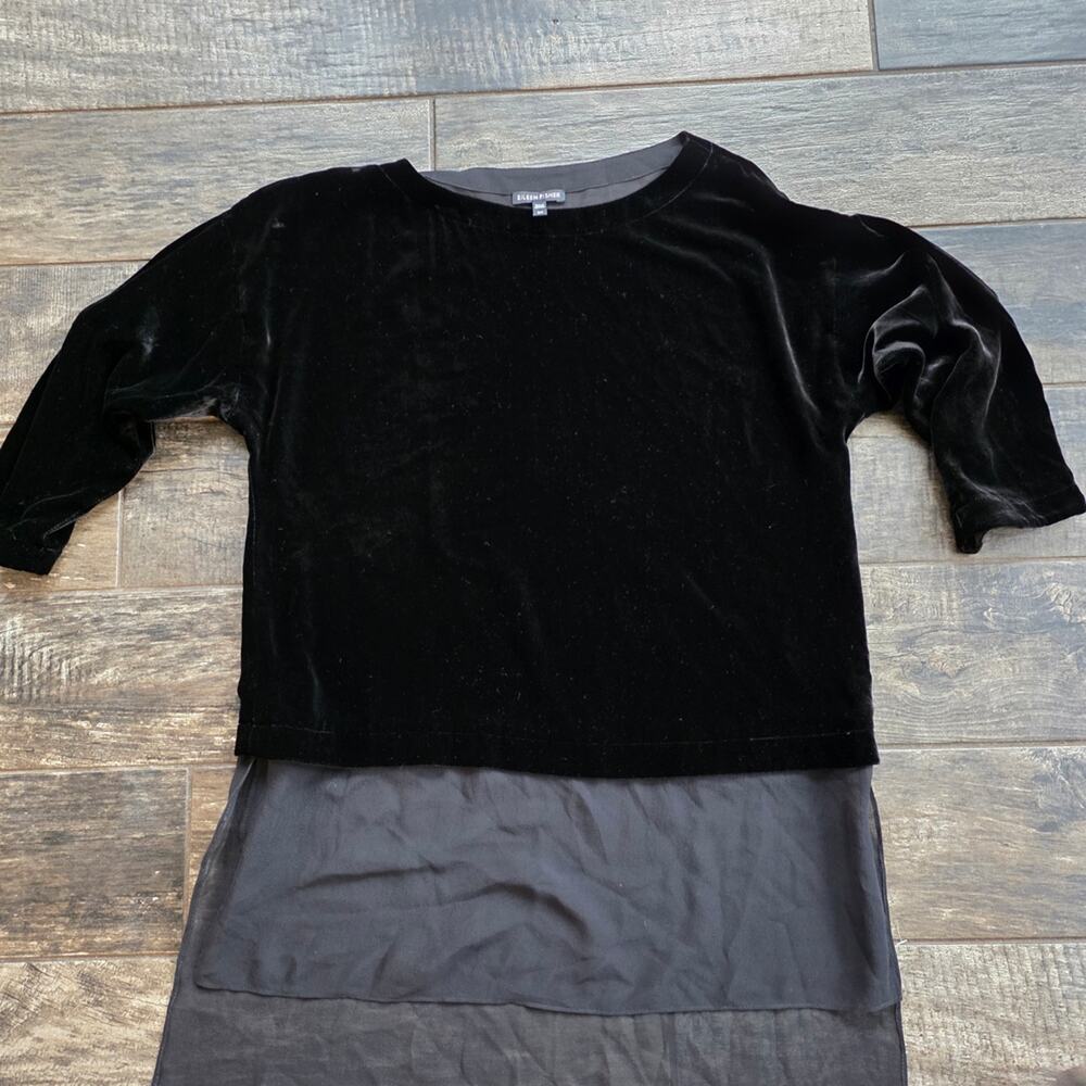 #479 Eileen Fisher Black Velvet Blouse with Sheer Hem